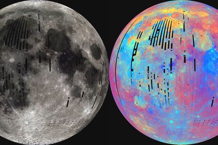 "True" color (left) and "false" color (right) images of the near side of the Moon from Clementine. "Blue" units in Mare Tranquillitatis (right middle of false color image) are ilmenite-rich lavas.