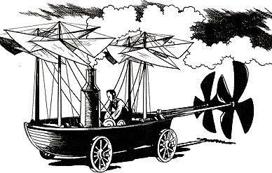 From contemporary news articles and earlier hints from Sir George Cayley, a cartoonist created this depiction of what the 1834 mystery craft could look like.