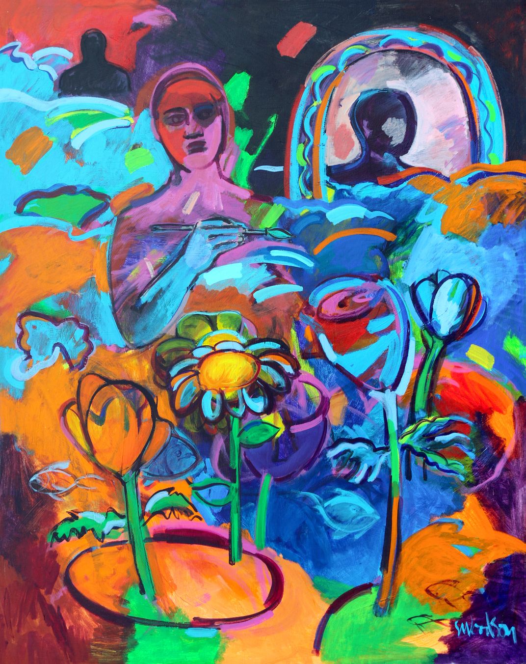 A vibrant colorful scene of oranges, reds, blues and greens with one figure in front and a faceless figure behind and a garden of abstract flowers