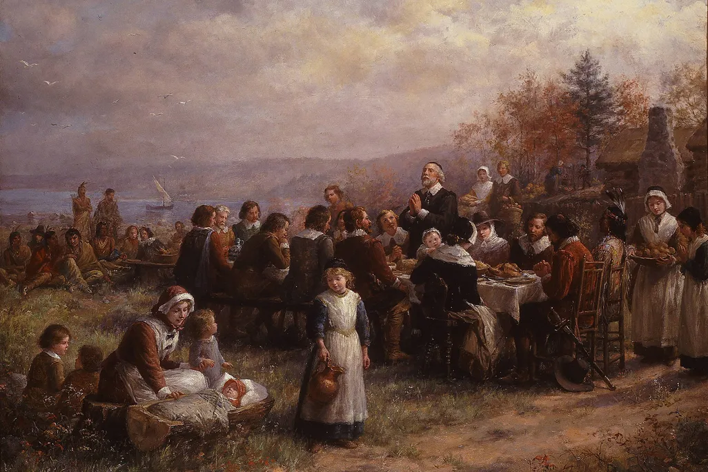 1925 painting of an early Thanksgiving celebration in Plymouth by Jennie A. Brownscombe