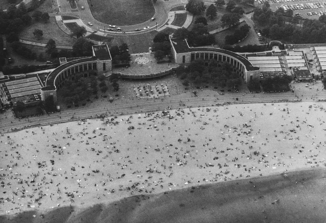 An aerial view of Orchard Beach, circa 1965