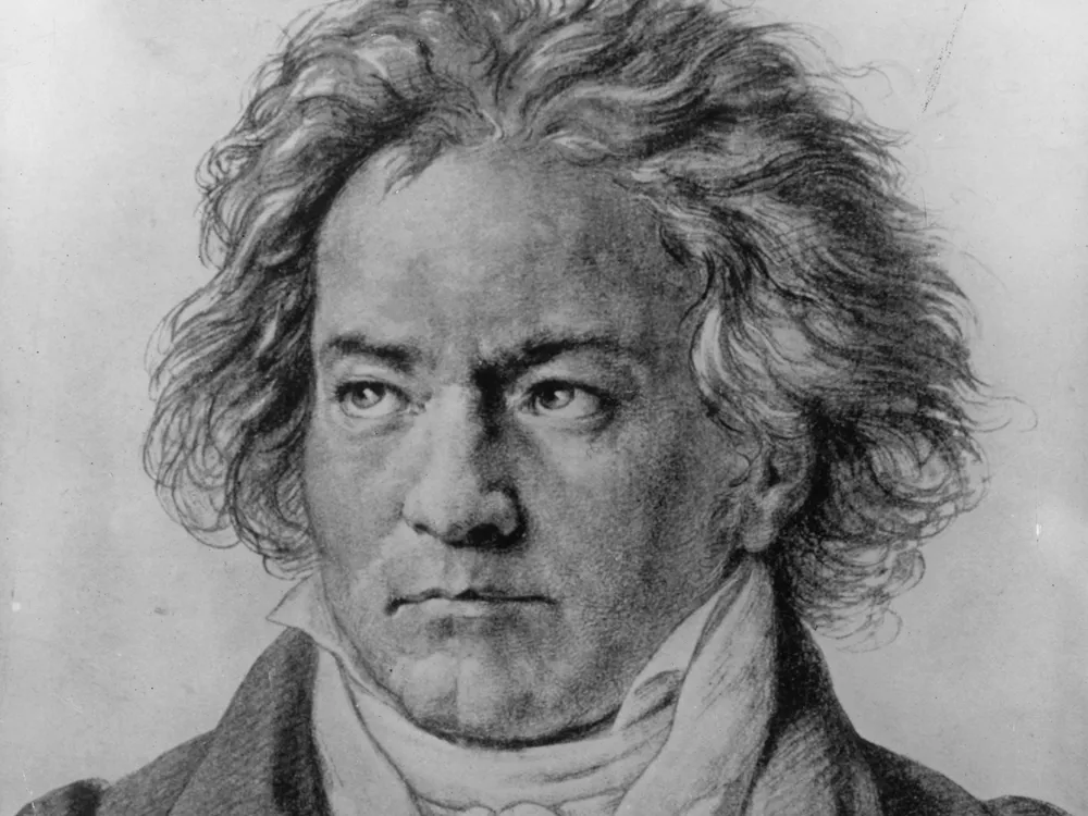 A black and white drawing of Beethoven