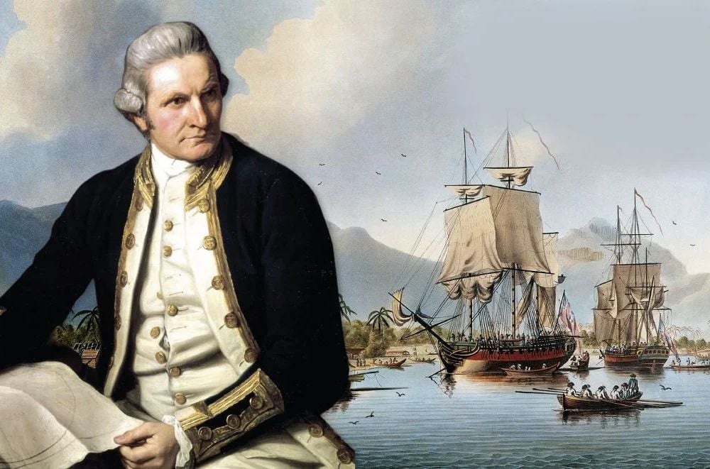 James Cook in front of ships