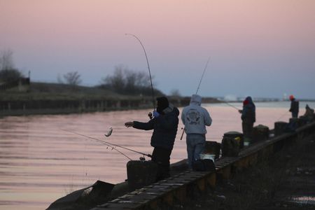 People in Chicago fishing on Lake Michigan on December 25, 2021. The new study found particularly high levels of PFAS in fish from the Great Lakes.
