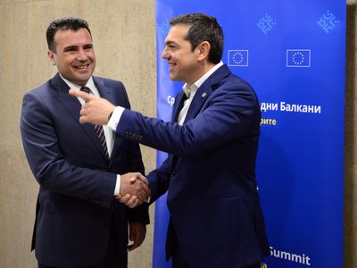 Macedonia's Prime Minister Zoran Zaev, left, speaks with Greek Prime Minister Alexis Tsipras prior to meeting on the sidelines of EU and Western Balkan heads of state at the National Palace of Culture in Sofia, Bulgaria, Thursday, May 17, 2018.