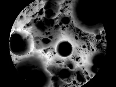 A view of the lunar south pole, with Shackleton Crater at the center, assembled from images taken by NASA's Lunar Reconnaissance Orbiter.