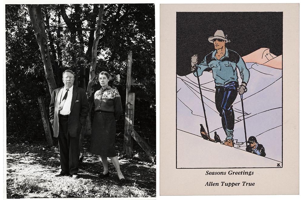 Photograph of Yvor Wintor and Janet Lewis next to Allen Tupper True holiday card