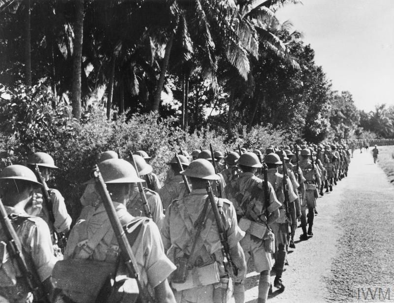 Indian troops march in Malaya in 1941.