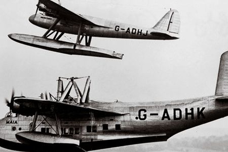 The S.20 Mercury pulls away from its launcher aircraft, the S.21 Maia, at the start of the pair’s 1938 nonstop flight.