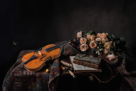 The &ldquo;Ole Bull&rdquo; Stradivarius, made in 1687, photographed with flowers and props reminiscent of a Dutch still life from the period.