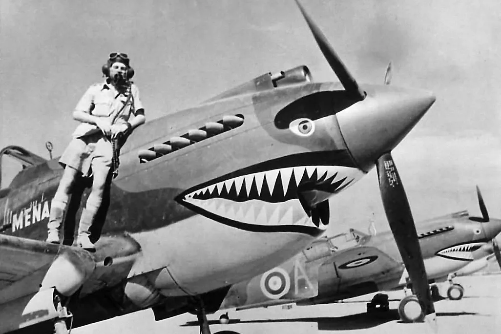 flight Lieutenant Neville Bowker and plane with shark art
