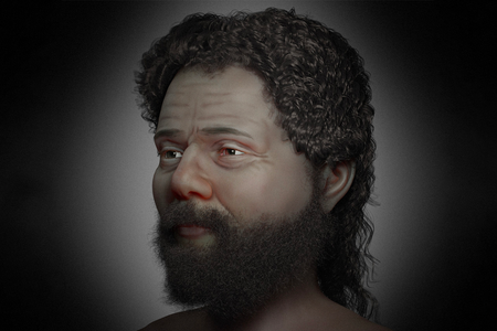 The researchers' facial reconstruction shows a bearded, brown-eyed man in his 30s or 40s.