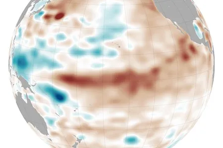 Data from satellites and sensors show the Pacific Ocean conditions in March 2015, including an increase in warm waters (shown in red). The warming has strengthened since then, prompting agencies to declare 2015 an El Niño year.