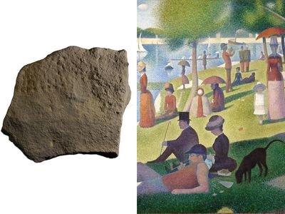 The 38,000-year-old woolly mammoth carving next to Georges Seurat's "A Sunday on La Grande Jatte." Despite the vast amount of time between their respective creations, both use a collection of dots to form a larger image. 