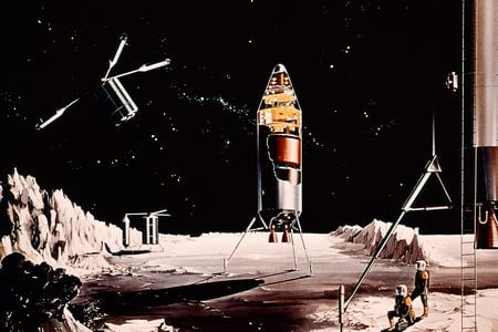 1960s science fiction illustration of lunar exploration. 