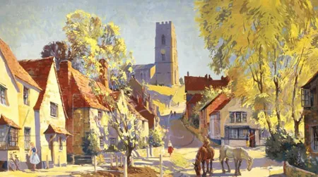 Kersey in 1957. Although Jack Merriott's watercolor presents an idealized image of the village – it was commissioned for use in a railway advertising campaign – it does give an idea of just how 'old' Kersey must have looked to strangers in the year it became central to a 'timeslip' case.