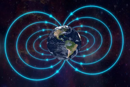 The rotation and convection of molten iron at the center of the planet creates a dynamo effect, generating Earth's magnetic field. 