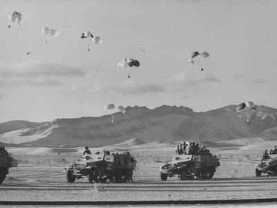 Israeli supplies are air dropped to troops in the Sinai, June 1967, during the Six-Day War.