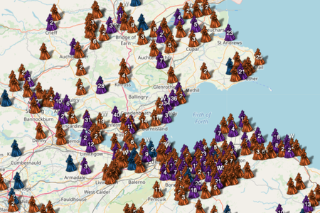 The map shows locations including accused witches' places of residence, sites of trial, detention and execution