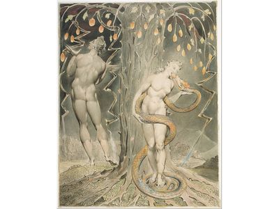 A William Blake illustration depicting the fall of Adam and Eve