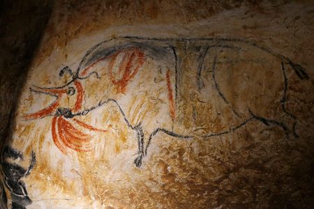 Drawing of a rhinoceros species, now extinct in Europe, in the Caverne du Pont d'Arc near Vallon, France, a replica of Chauvet Cave.
