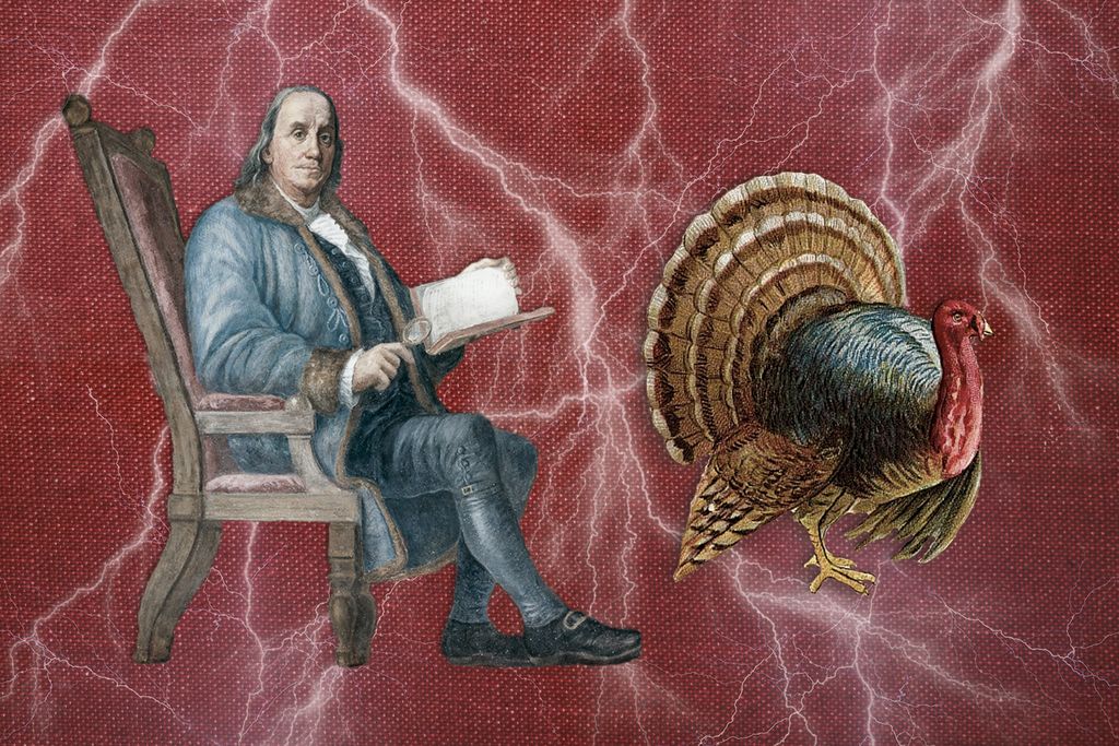 Illustration of Ben Franklin and a turkey in front of lightning