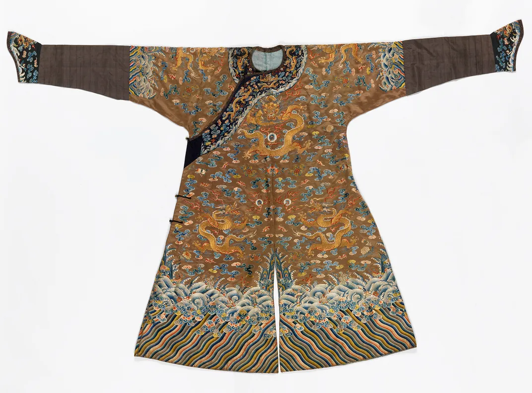 A Qing dynasty dragon robe featuring a five-clawed dragon