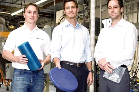Evan Creelman, Newlight COO; Mark Herrema, Co-Founder and CEO; and Kenton Kimmel, Co-Founder and CTO, with a few products made of AirCarbon. 