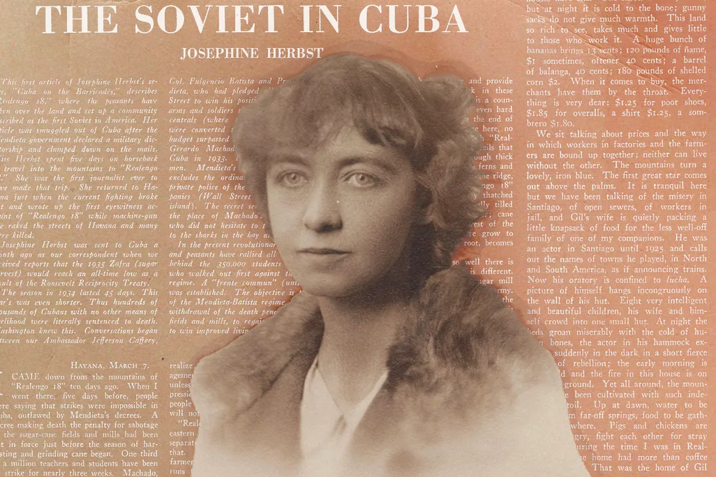 Illustration of Josephine Herbst in front of her New Masses story on the Soviets in Cuba