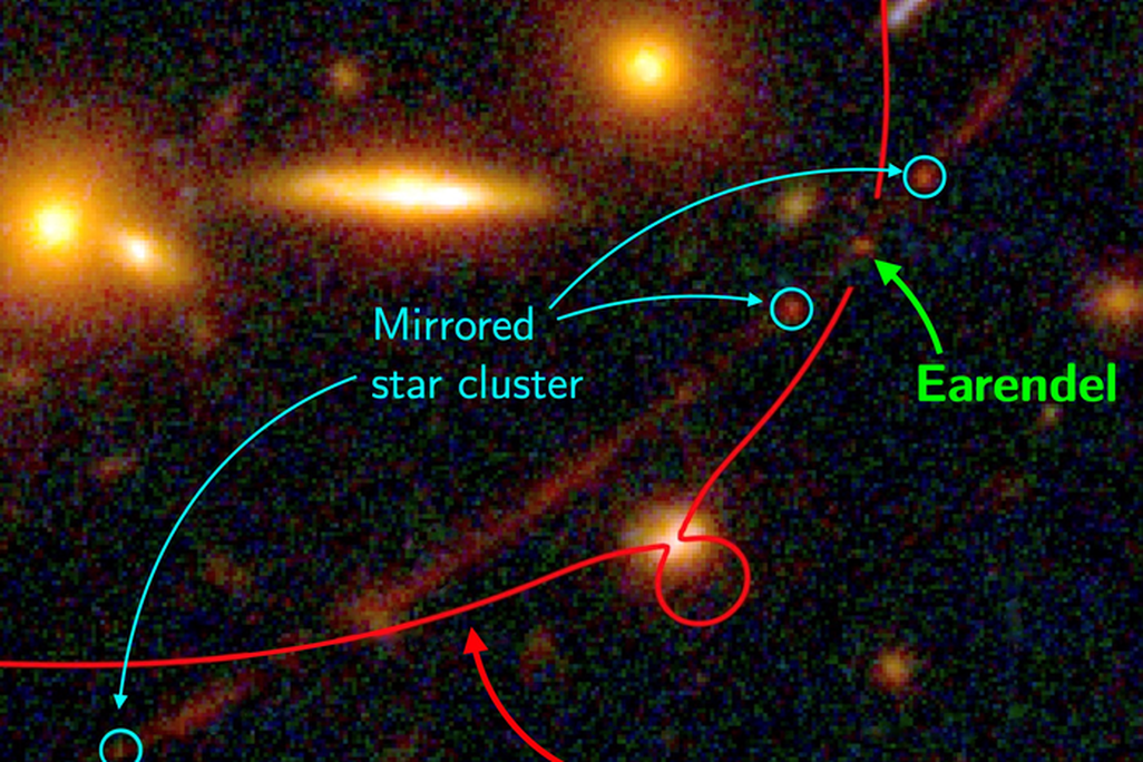 An image of Earendel, its mirrored star clustors, and magnification line in outer space