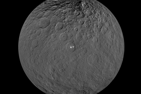 This orthographic projection shows Ceres, centered on Occator crater and the brightest spot on Ceres. 
