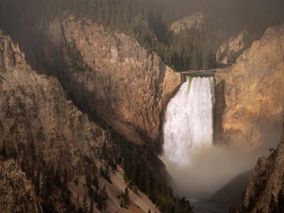 A foggy morning at the Lower Fall in Yellowstone National Park with the sun rising on the waterfall. 