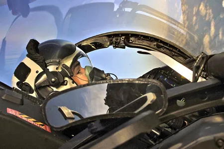 A pilot's view from the cockpit of a Royal Air Force Typhoon multi role fighter jet.