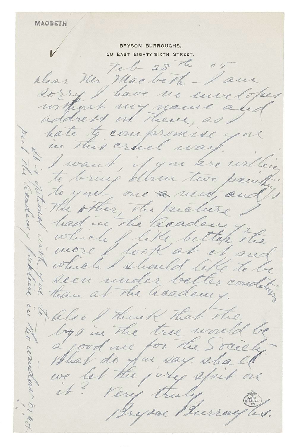 Letter to William Macbeth from Bryson Burroughs