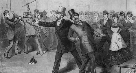 Artist rendition of Charles Guiteau's attack on President Garfield