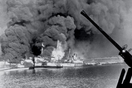 Allied freighters ablaze in the harbor of Bari, Italy, after the German attack.