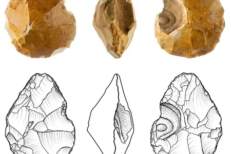 Researchers found this hand ax, which appears to have been shaped around a geological feature imprint.