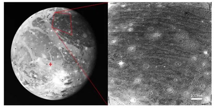 left: a view of Ganymede with a red cross just below and left of center; right: a close-up view of craters and furrows in the northern part of the moon