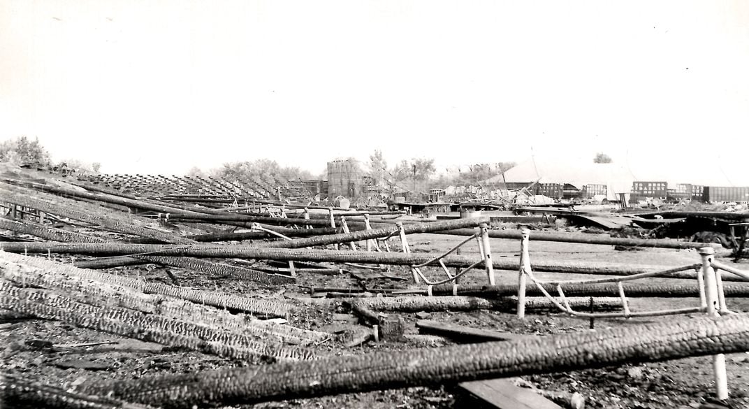 Charred tent poles in the aftermath of the Hartford circus fire