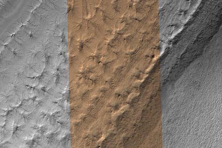 The Ultimi Scopuli region on Mars, as seen (in black-and-white and enhanced color) by the HiRISE camera on NASA's Mars Reconnaissance Orbiter.