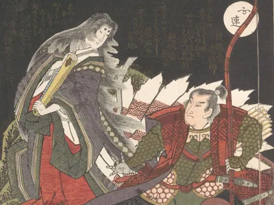 A woodblock illustration depicts a warrior challenging Tamamo-no-mae, a evil nine-tailed fox disguised as a woman who tries to kill the emperor. Legends say the &quot;killing stone,&quot; which recently split in half, contained her vengeful spirit.&nbsp;&nbsp;