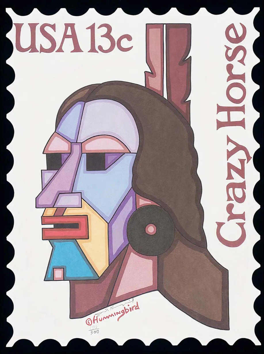 an illustration of Crazy Horse on a United States Stamp