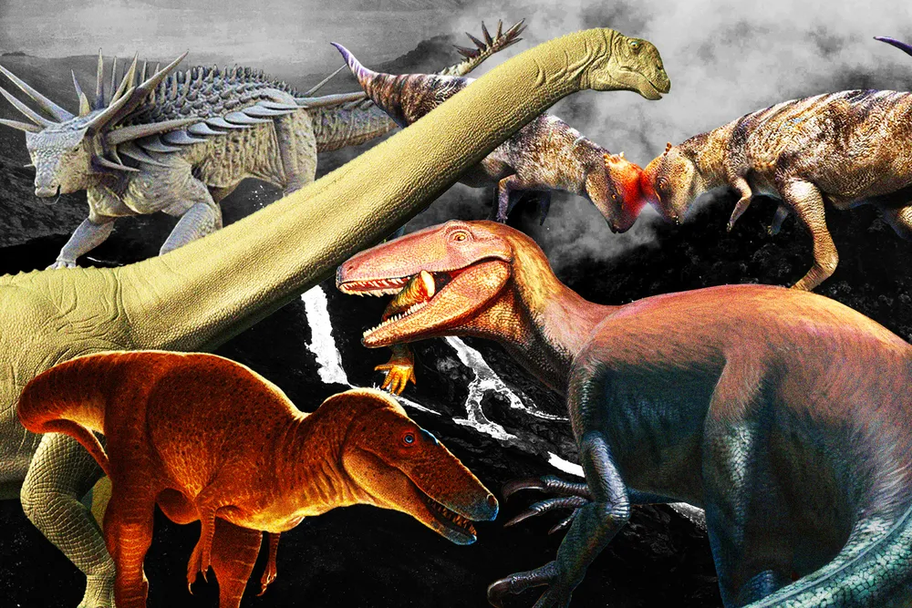 an illustration of several dinosaurs, including one with spikes, one with a long neck, two hitting their domed heads together, one with a leg in its mouth and one T. rex-like species