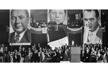 Senator John F. Kennedy speaks to supporters at Chicago Stadium four days before the 1960 election.