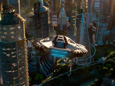 T’Challa’s Royal Talon Fighter flying above Wakanda in the film Black Panther. Credit: Marvel Studios.