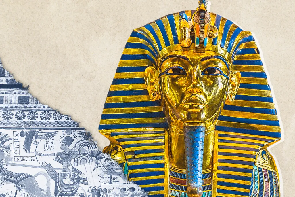 Illustration of Tut's funeral mask next to a depiction of the boy king as a warrior