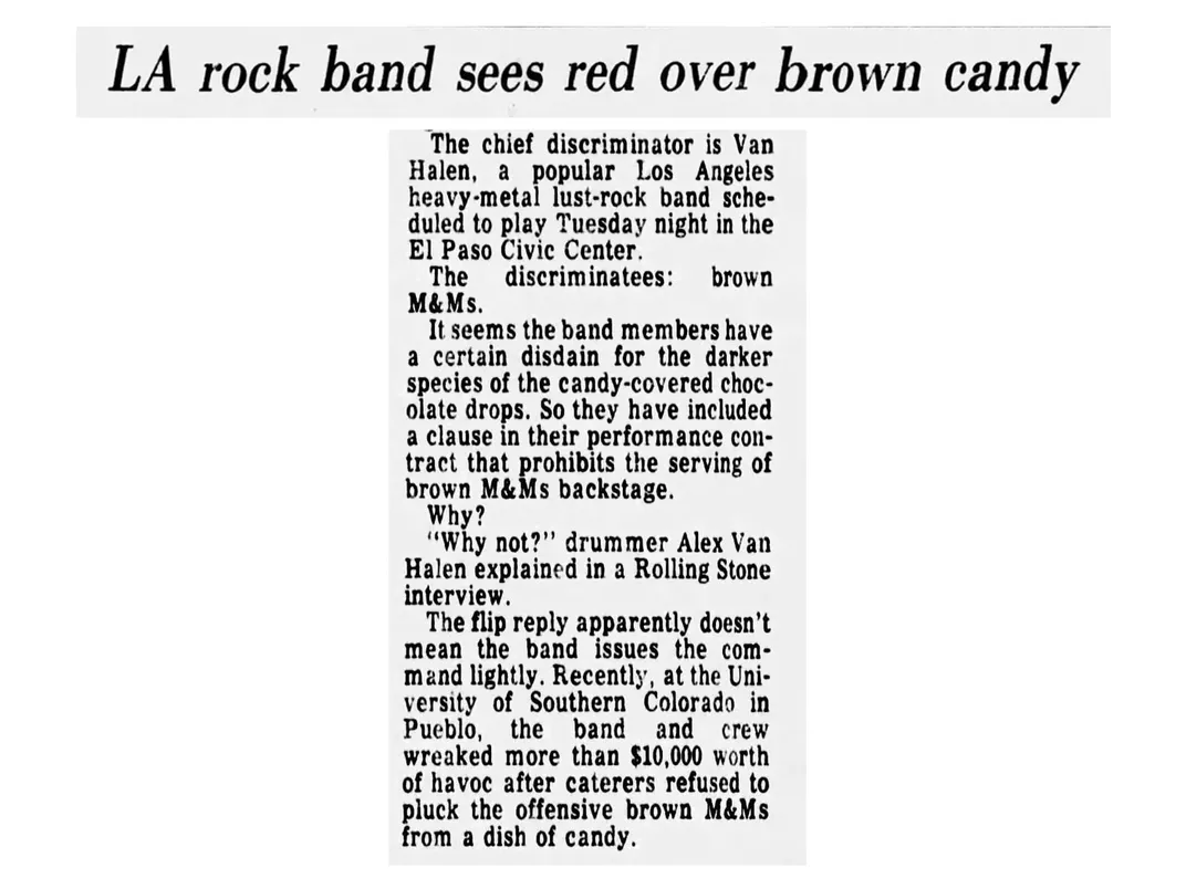 Section of article from the El Paso Times about Van Halen and brown M&M's