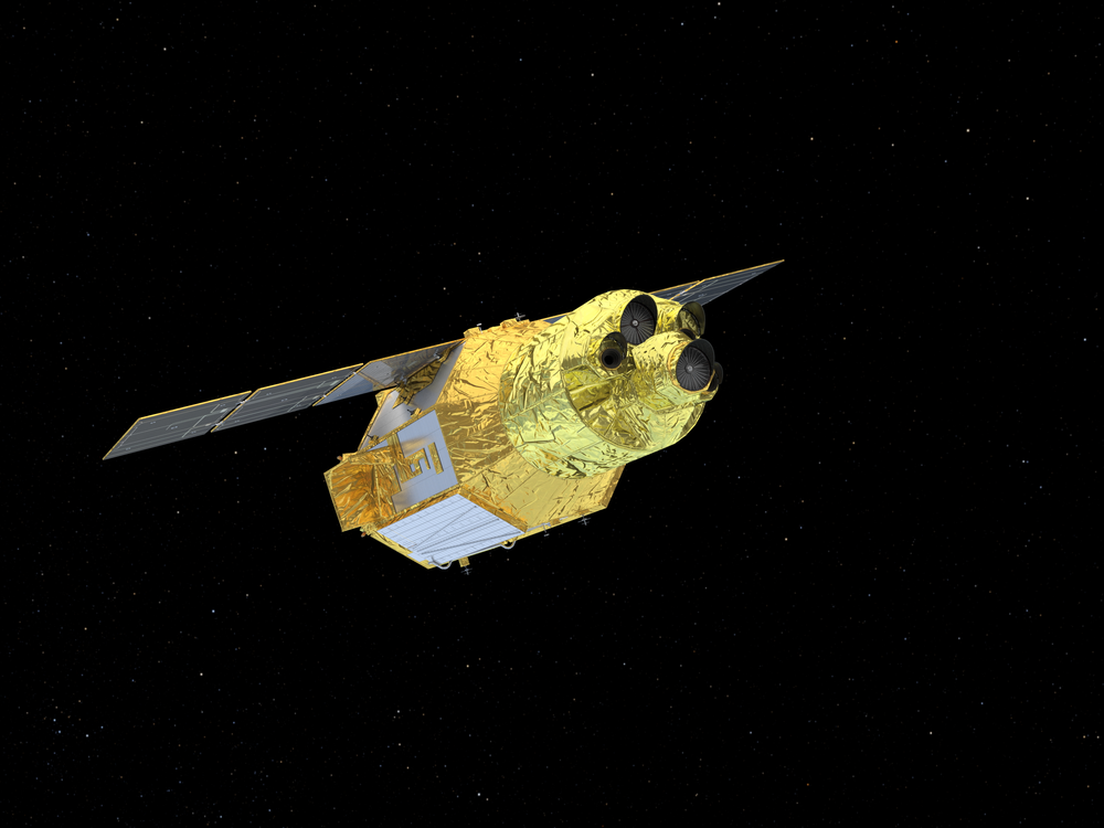 A rendering of a gold-coated, cylindrical spacecraft with its solar panels spread open as it glides through space.