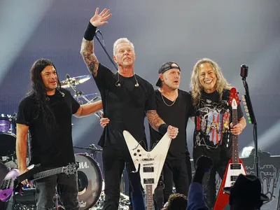 Metallica band members Robert Trujillo, James Hetfield, Lars Ulrich and Kirk Hammett performing in Los Angeles last year