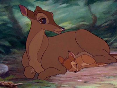 In Bambi, the titular fawn's mother is shot by unseen antagonist "Man" in a notoriously heart-wrenching scene